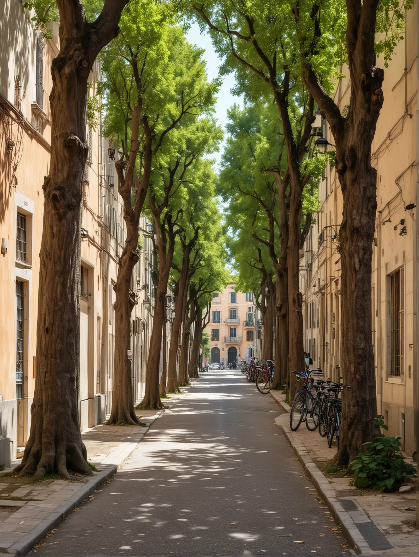 a short street, between buildings, with big trees, without car and with bikes, with a park called "Ex Caserma Di Cocco" at the end of the street
