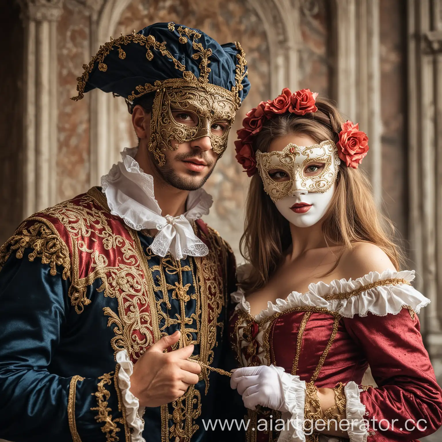 девушка в маске с мужчиной в венецианских костюмах