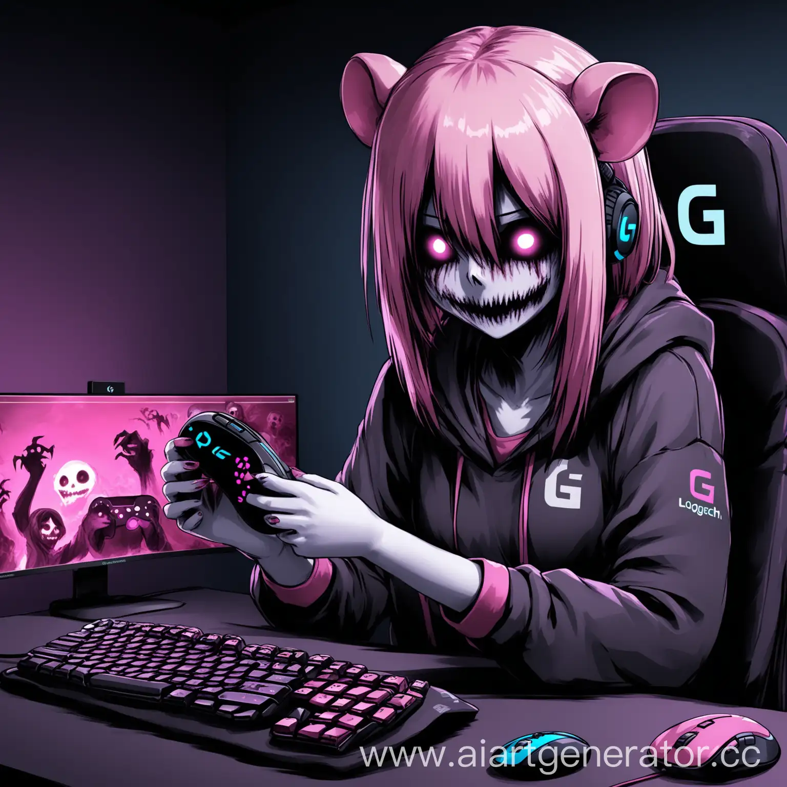 Девушка хика, геймерша, темно , гуль, розовая мышка Logitech g pro в руке у девушки