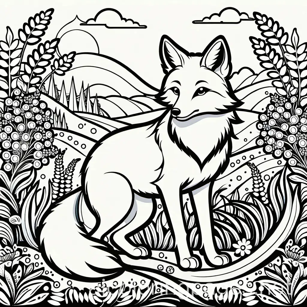 Fox in the meadow, style of coloring book, vector lines, black and white, detailed line work, fill frame, edge to edge, clip art white background, no shading., Coloring Page, black and white, line art, white background, Simplicity, Ample White Space. The background of the coloring page is plain white to make it easy for young children to color within the lines. The outlines of all the subjects are easy to distinguish, making it simple for kids to color without too much difficulty