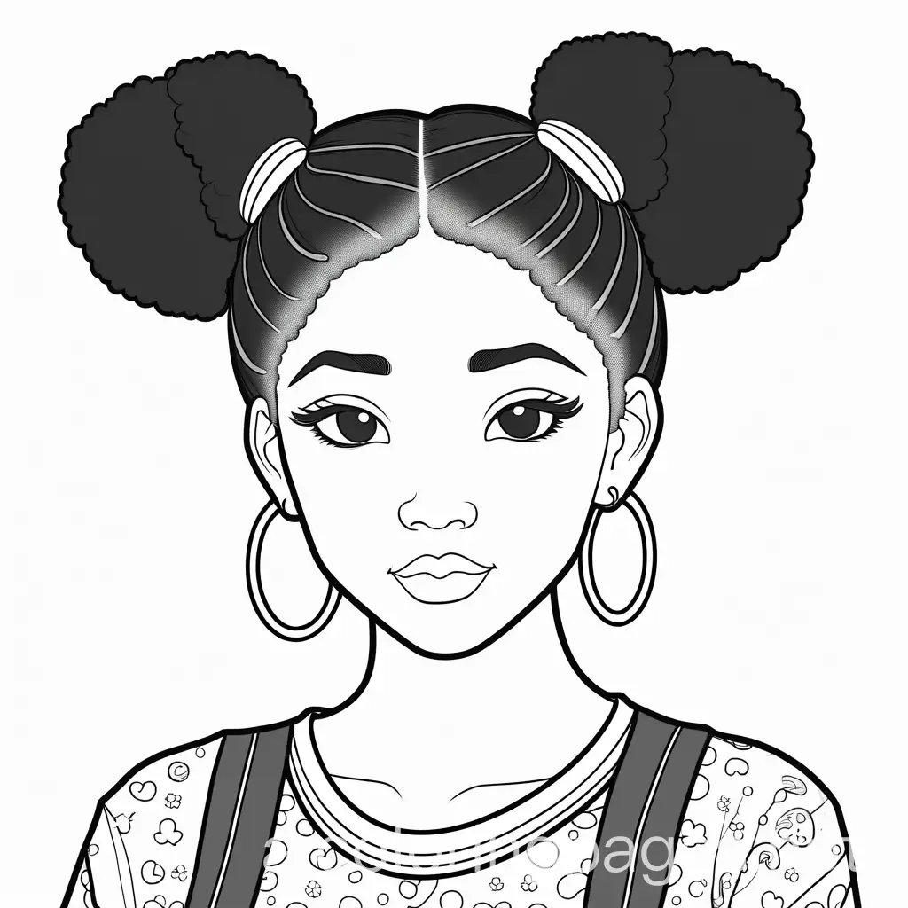 realistic line drawing of biracial, black and asian girl in kawaii clothing with space buns hairstyle, Coloring Page, black and white, line art, white background, Simplicity, Ample White Space. The background of the coloring page is plain white to make it easy for young children to color within the lines. The outlines of all the subjects are easy to distinguish, making it simple for kids to color without too much difficulty