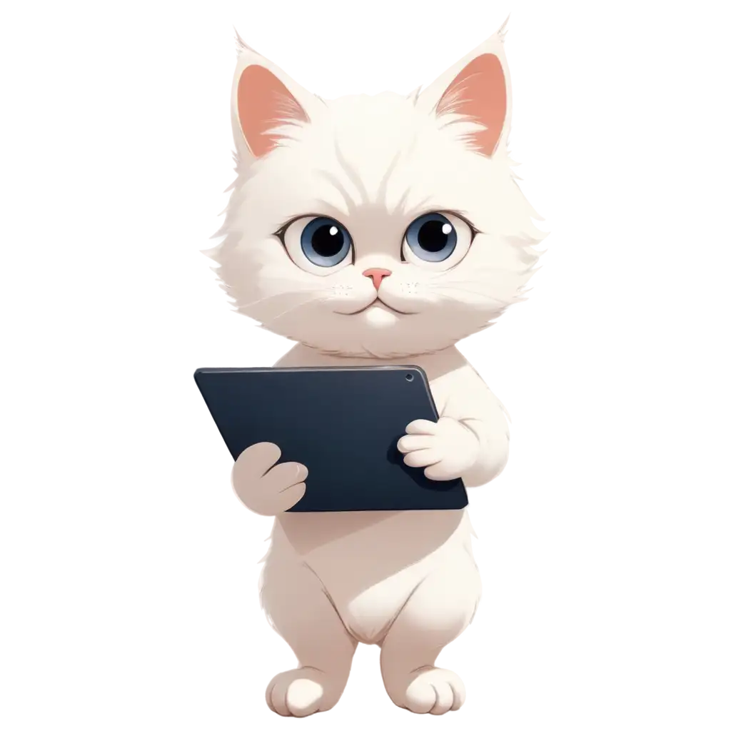  a white Persian kitten ,wearing simplified white diaper  ,lying,focused on typing with its tablet, while holding it. 2d illustrated comic chrcter