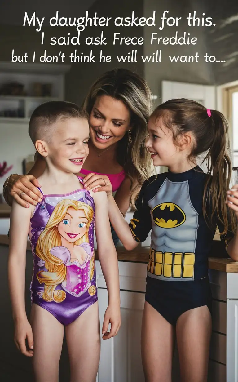 Gender role-reversal, Photograph of a mother dressing her young son, a cute little boy age 8 with a pretty face and short blonde smart hair shaved on the sides, up in a Rapunzel Princess one-piece swimsuit, and she is dressing her young daughter, a little girl age 7 with long hair in a pinytail, up in a Batman surfer wetsuit, in a kitchen for fun to keep the kids entertained, adorable, perfect children faces, perfect faces, clear faces, perfect eyes, perfect noses, smooth skin, the photograph is captioned “my daughter asked for this. I said ask Freddie but I don’t think he will want to…”