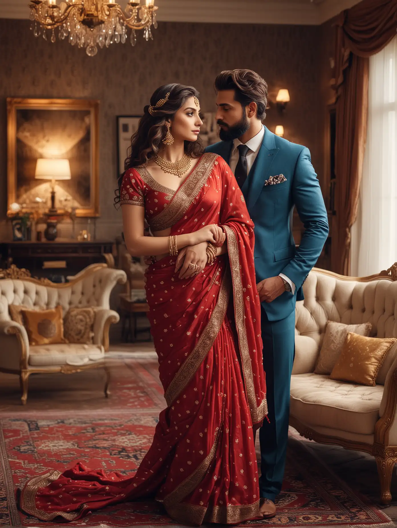 full body view  of most beautiful european couple as most beautiful indian couple, most beautiful girl in elegant bold color saree, long curly hairs, hairs tied  up with hair style stylishly, necklace,   big wide black  eyes, full face, perfect red dot, makeup, very low cut back with big knot, beautiful symmetric low cut back she turned away,  man kissing her on back she looking back over shoulders with ecstasy and inviting feeling, with ecstasy, emotional  with longing feeling, innocence and ecstasy,  man with trimmed  stylish beard, perfect trim  hair cut, formals, perfect limbs , hands and fingers, photo realistic, 4k. background, spacious modern elite photo room, with luxury sofa set,  carpet, elegant interior designs, vintage lamps, romantic reunion ambience, photorealistic, vibrant colours, intricate details, 8k.