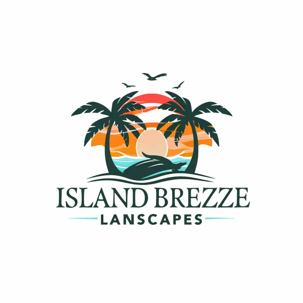 a logo design,with the text "Island Breeze Landscapes", main symbol:Palm trees with sunset with ocean with birds,complex,be used in Others industry,clear background