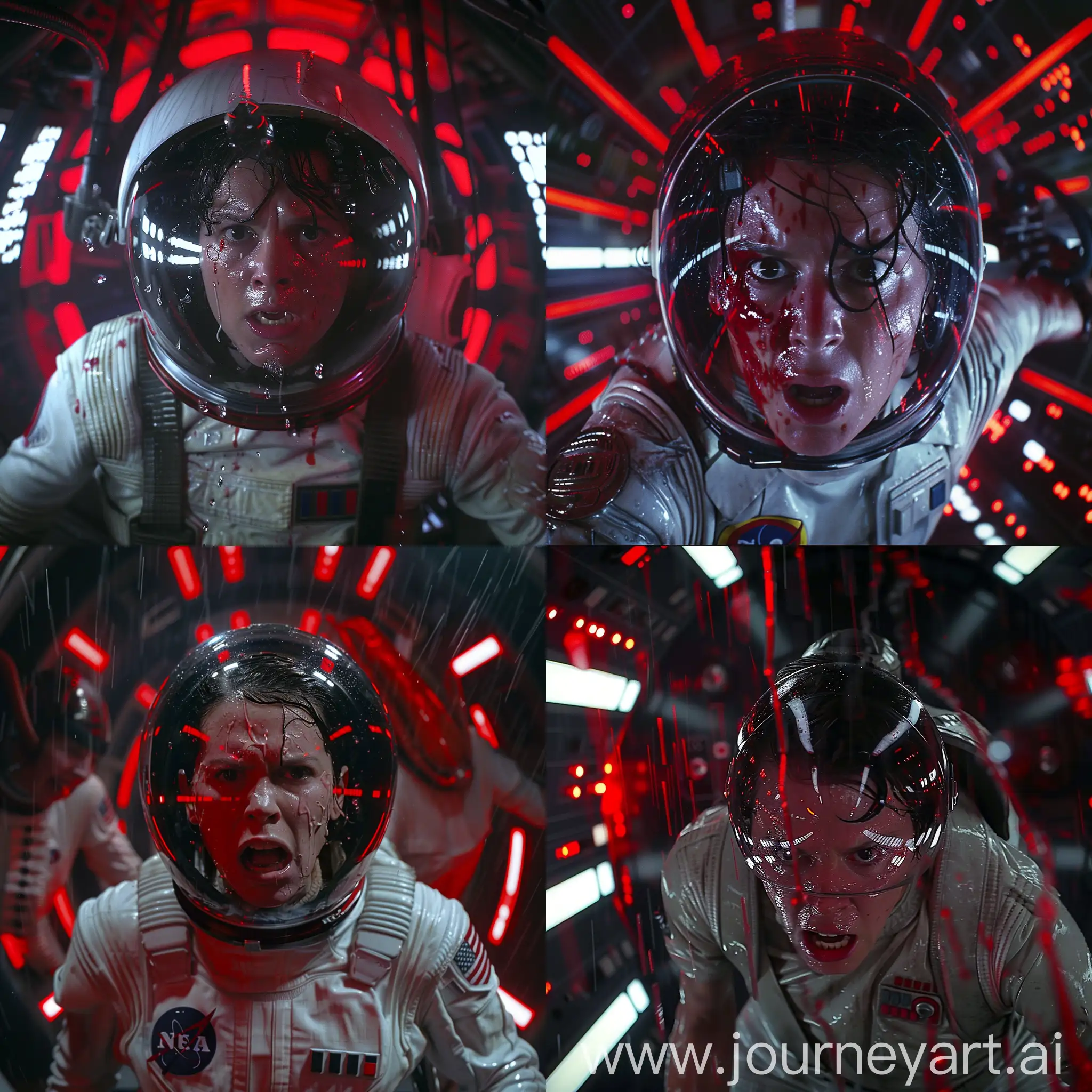 Cinematic scenes from the New Alien Film, with Rey Skywalker as the main character of the film, wearing the astronaut uniform from the film Alien, in the claustrophobic, dense and dark interior of the Nostromo spaceship with red lights, with Rey Skywalker's face very frightened by the wet hair and very sweaty, with the reflection of the Alien in front of him reflecting on the visor of his astronaut helmet,