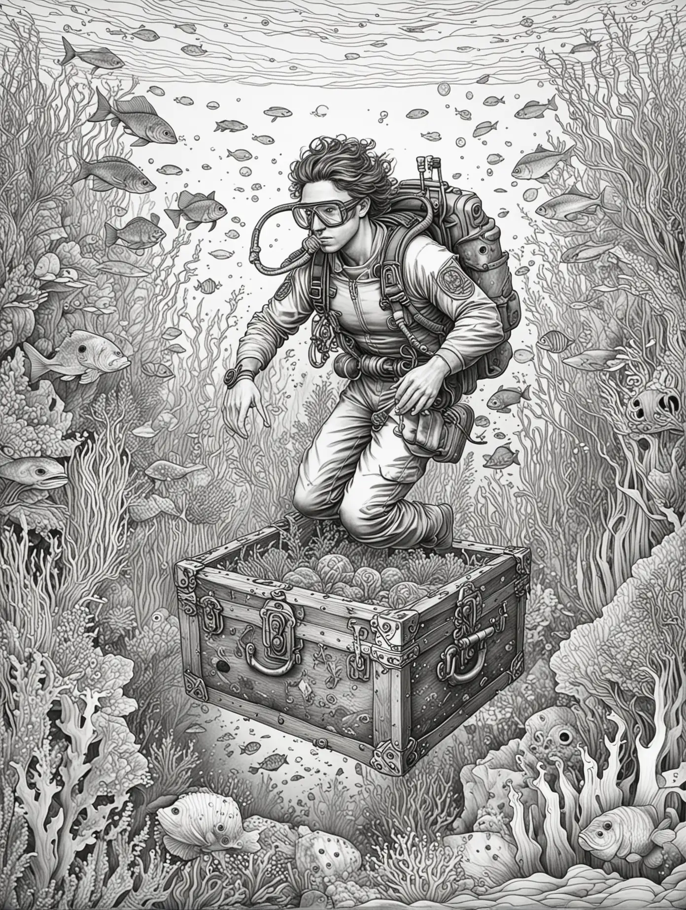 Underwater Diver Discovering Treasure Chest Adult Coloring Page