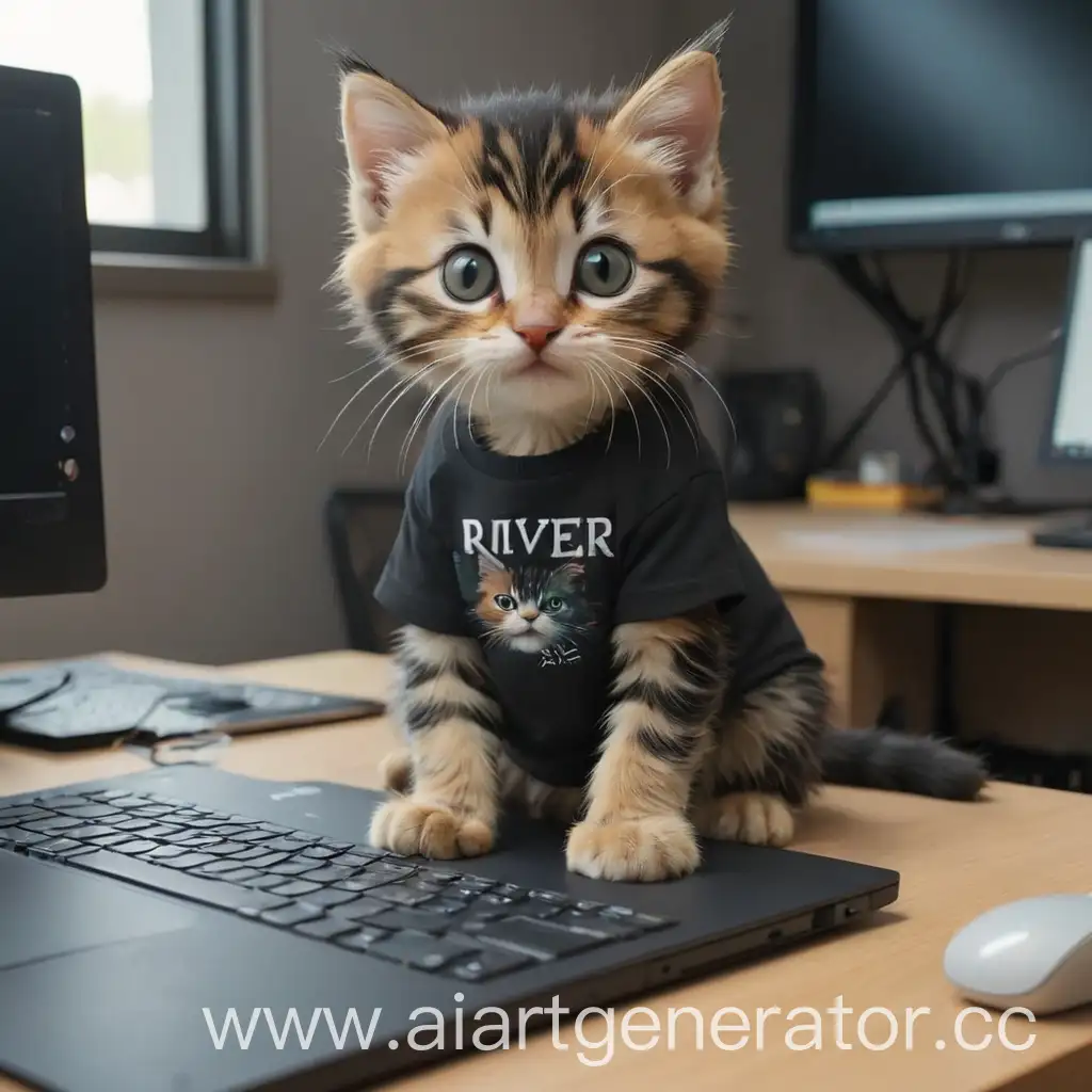 Adorable-ThreeColored-Kitten-Wearing-RiverInscribed-Black-TShirt-on-Computer-Table