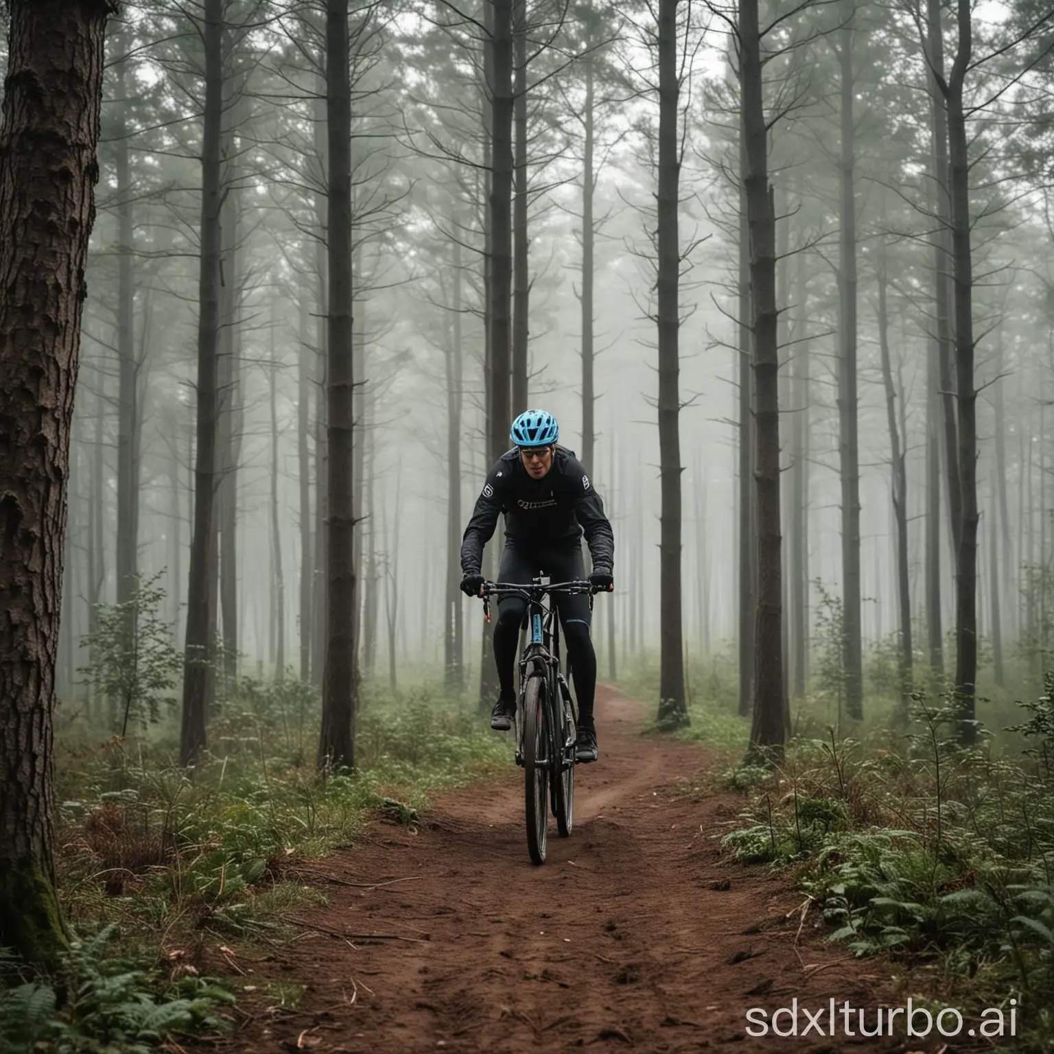 Велосипедист едет по лесу