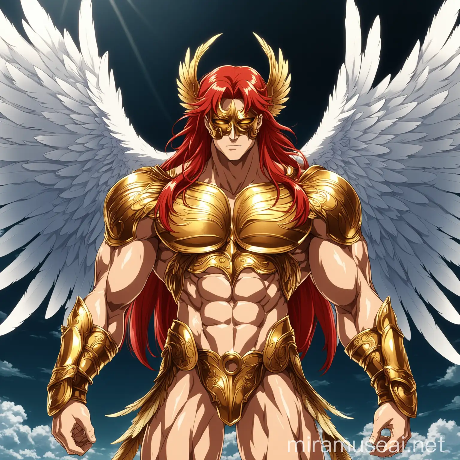 a muscular angel, he has angelic wings with feathers made of blades, he has long red hair, he has a golden mask, in anime