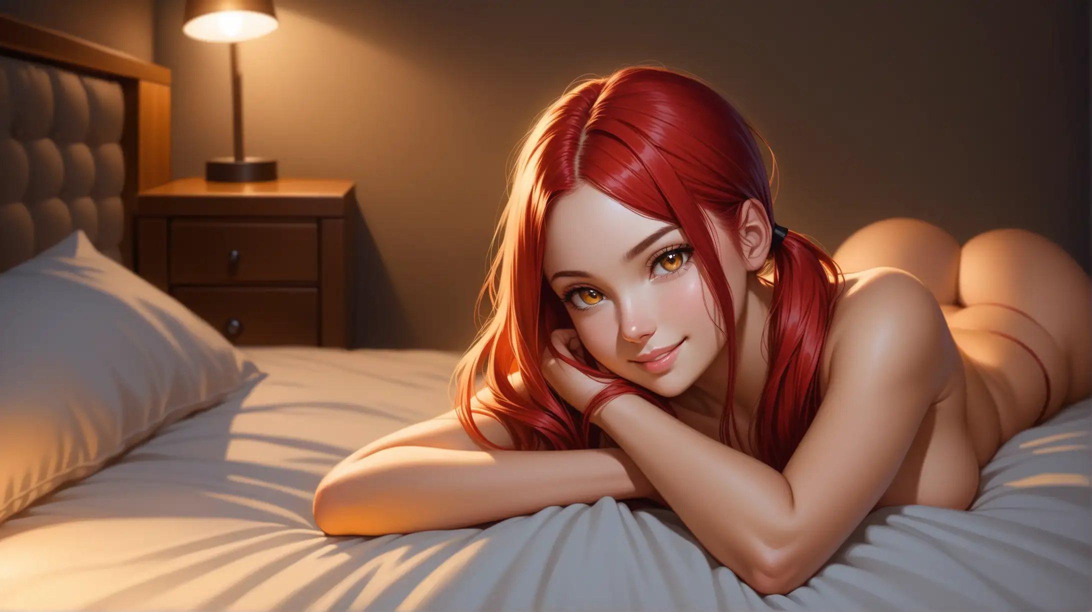 Draw a woman, long red hair in pigtails, hazel eyes, stacked figure, high quality, realistic, accurate, detailed, high angle shot, lying on back, night lighting, indoors, bedroom, relaxed outfit, revealing, seductive pose, smiling toward the viewer