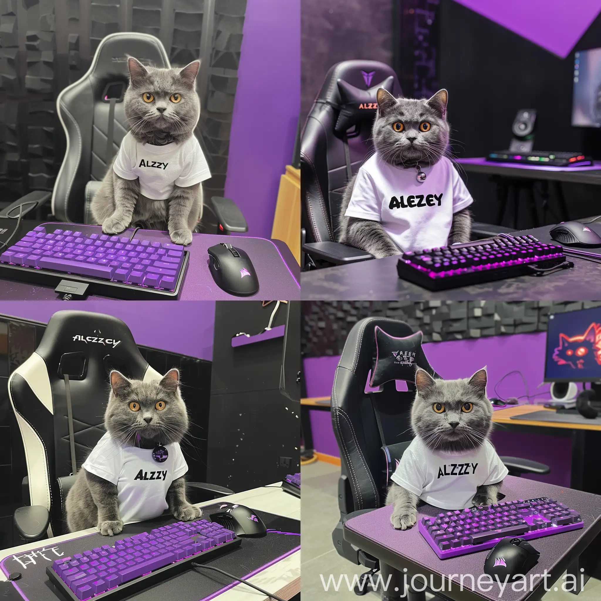 A gray cat of the British breed sits on a computer chair at a table on which there is a purple keyboard and a black gaming mouse, behind the cat there is a black and purple wall, the cat is dressed in a white T-shirt with alexey written in the center