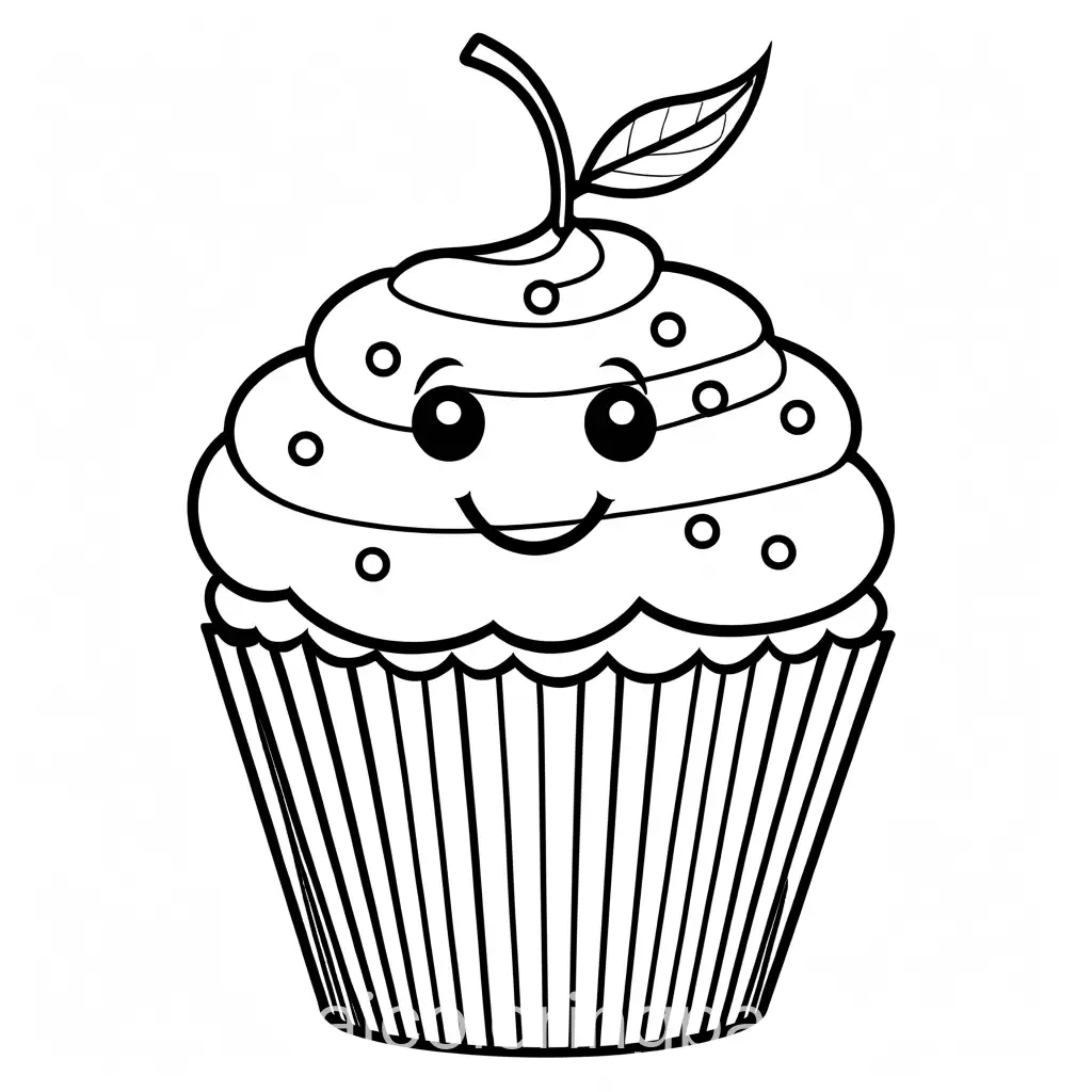 Smiling Cupcake: A cupcake with a smiling face, with frosting and a cherry on top. The cupcake should have big, round eyes and small sprinkles, Coloring Page, black and white, line art, white background, Simplicity, Ample White Space. The background of the coloring page is plain white to make it easy for young children to color within the lines. The outlines of all the subjects are easy to distinguish, making it simple for kids to color without too much difficulty