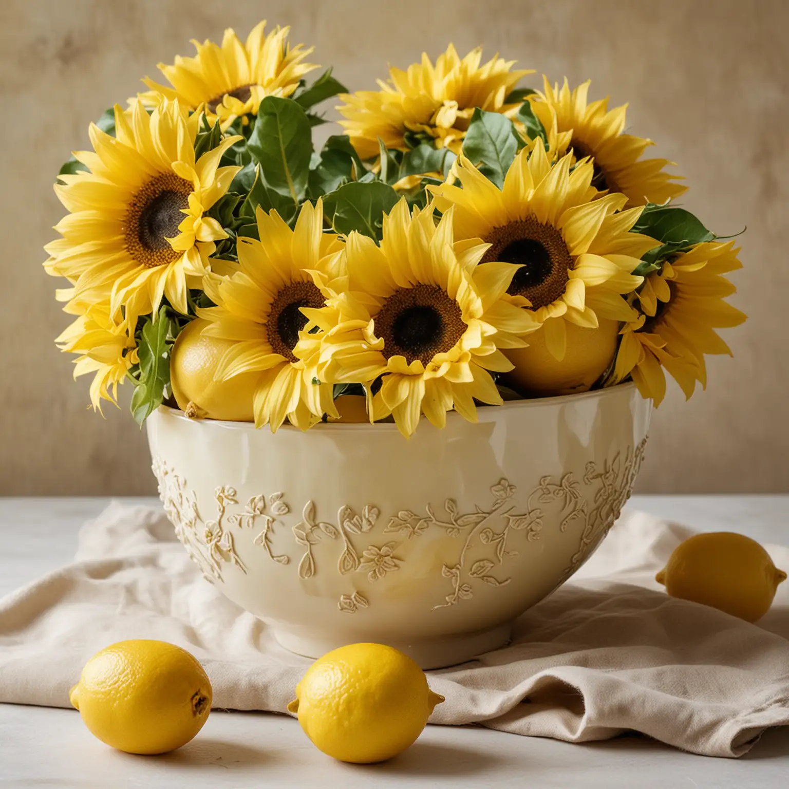 plain pale yellow bowl of lemons with sunflower blossoms without stems and nothing else in image