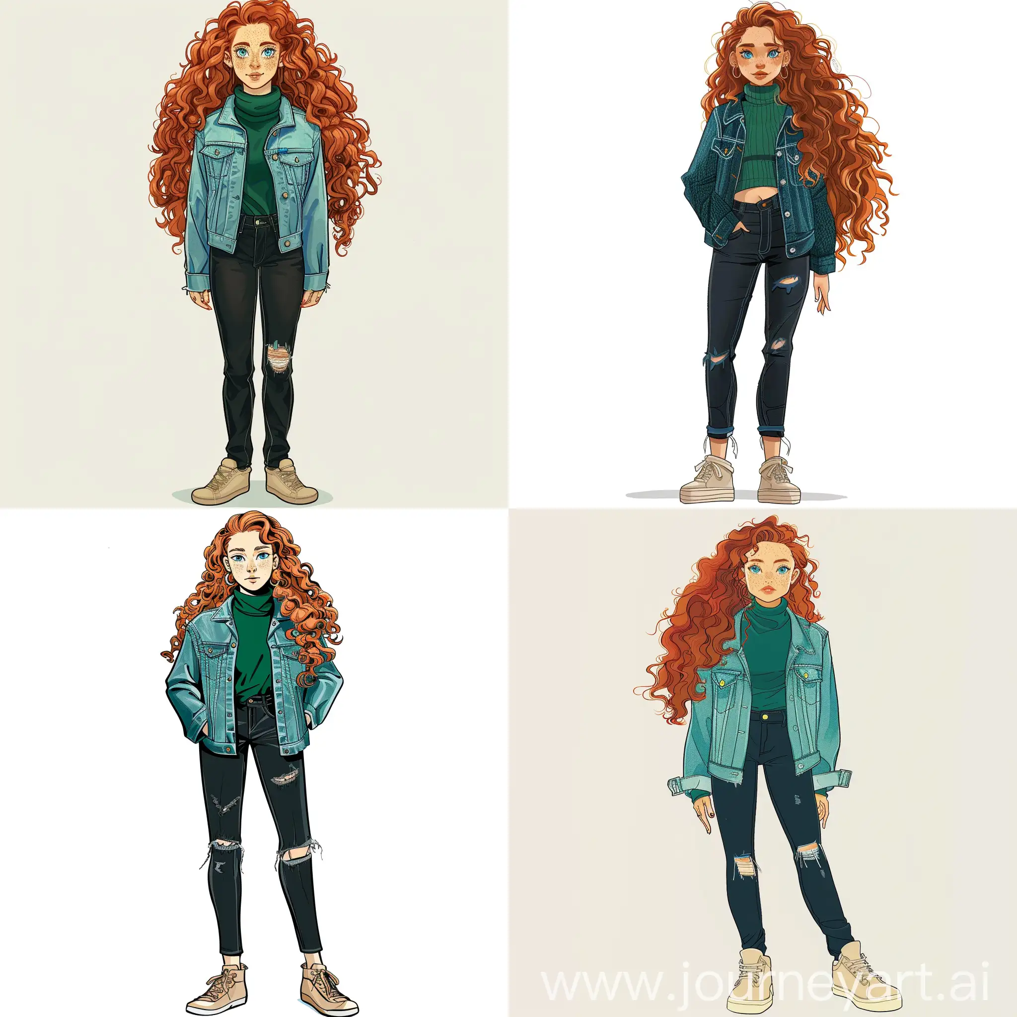 woman, full height, long curly copper hair, blue eyes, aquiline nose, small lips, large forehead, close-set eyes, small breasts, emerald turtleneck sweater, denim jacket, black jeans, beige sneakers, no accessories, anime
