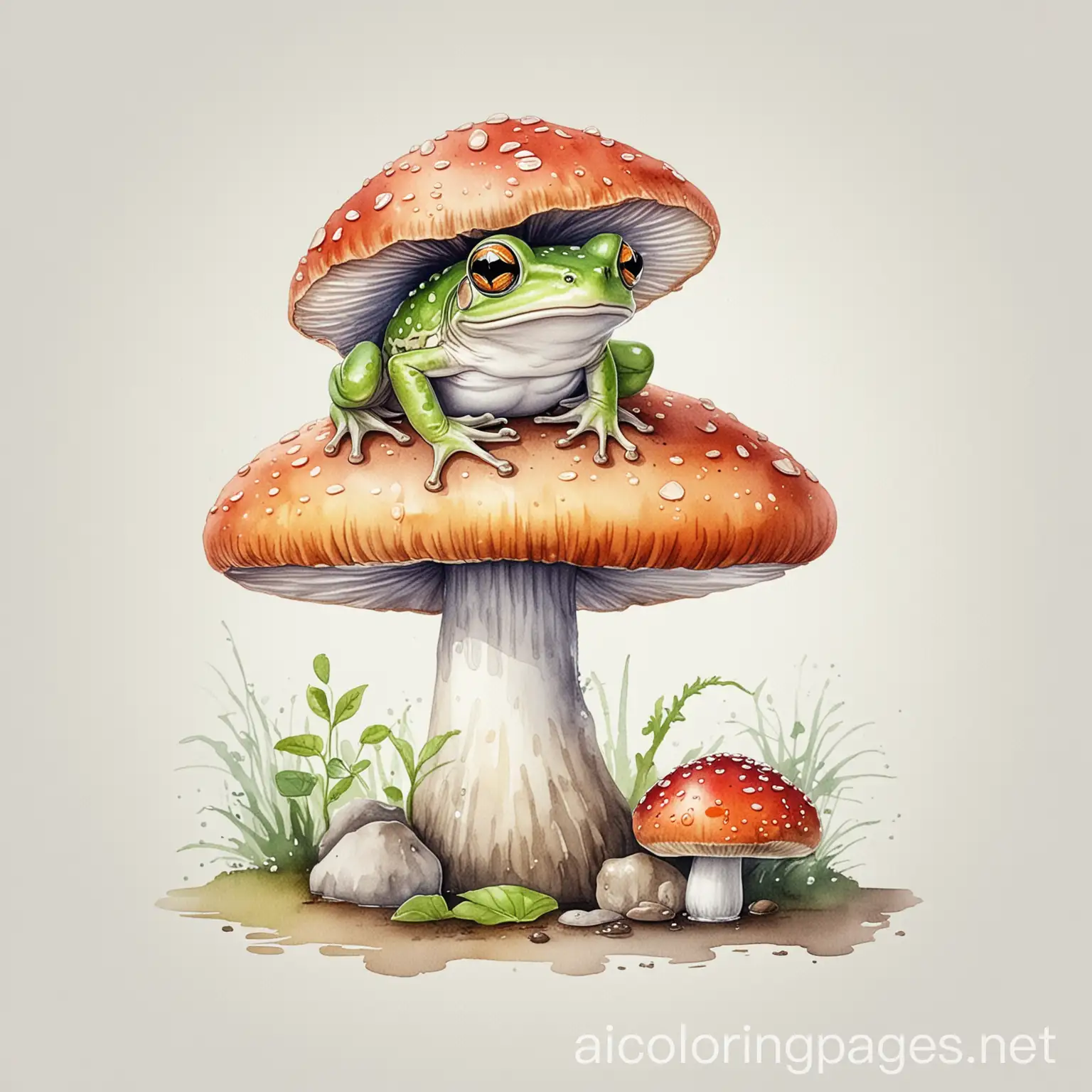 Cute small frog on a single mushroom Watercolor Illustration, Coloring Page, black and white, line art, white background, Simplicity, Ample White Space. The background of the coloring page is plain white to make it easy for young children to color within the lines. The outlines of all the subjects are easy to distinguish, making it simple for kids to color without too much difficulty