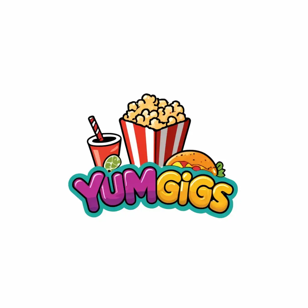 a logo design,with the text "YumGigs", main symbol:popcorn, colddrink, nachos, burger... etc,complex,be used in Restaurant industry,clear background
