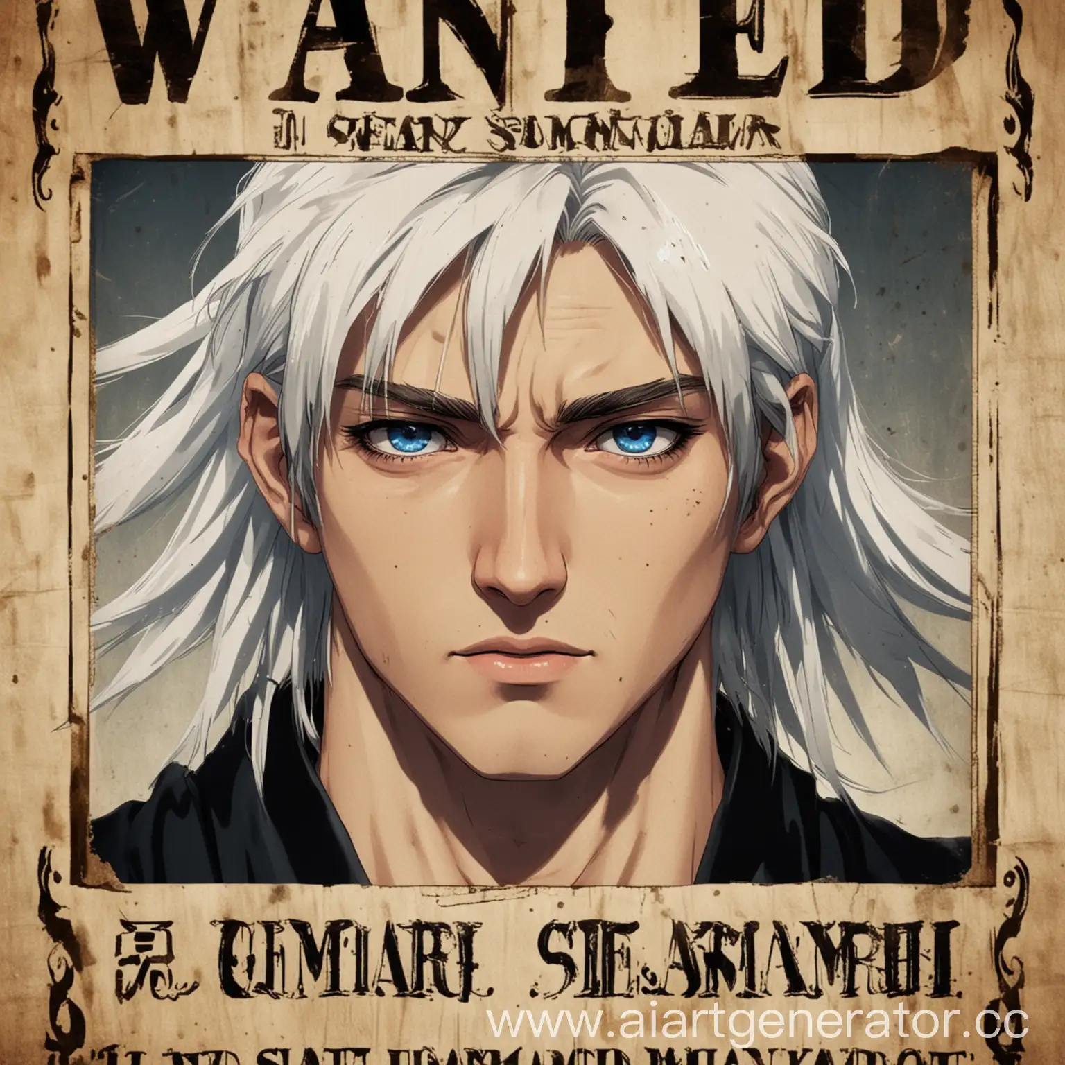 Постер разыскивается, парень 20 лет, белые волосы в самурайской чёрной шляпе, синие глаза, тень, награда в 200 миллионов, аниме стиль.

