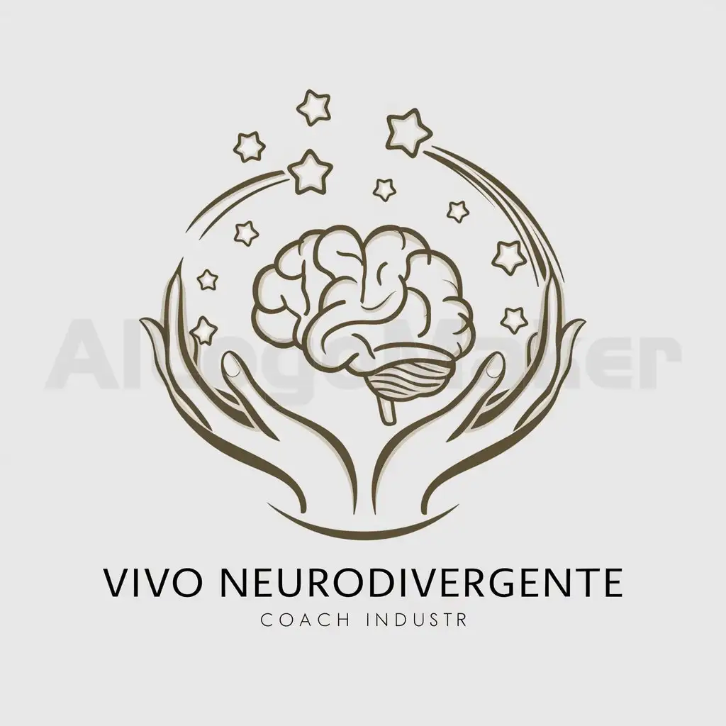 a logo design,with the text "Vivo Neurodivergente", main symbol:un cerebro neurodivergente, manos, estrellas, elegante,complex,be used in coach industry,clear background