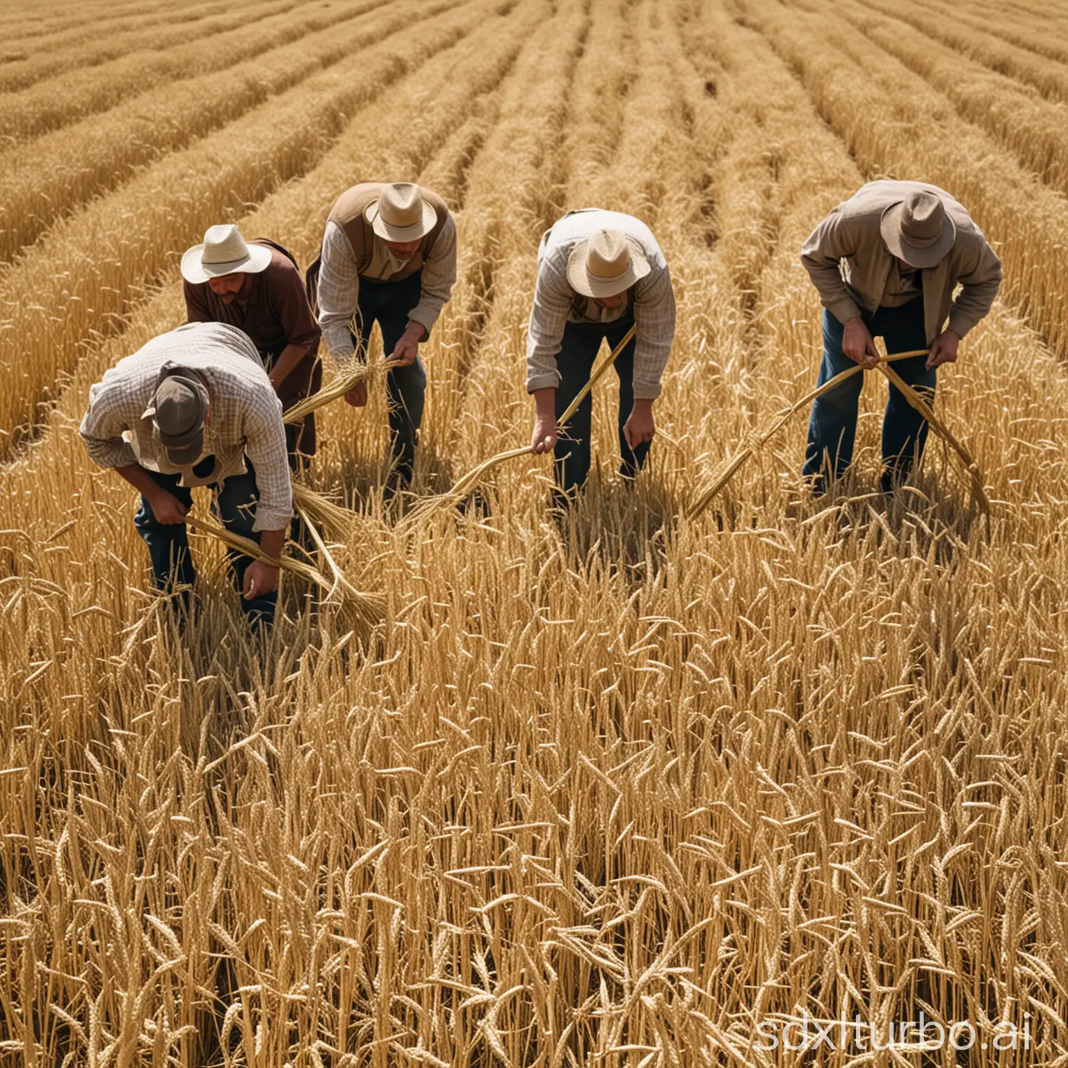 A group of farmers in the wheat field, using sickles, completely bend over to harvest the wheat,