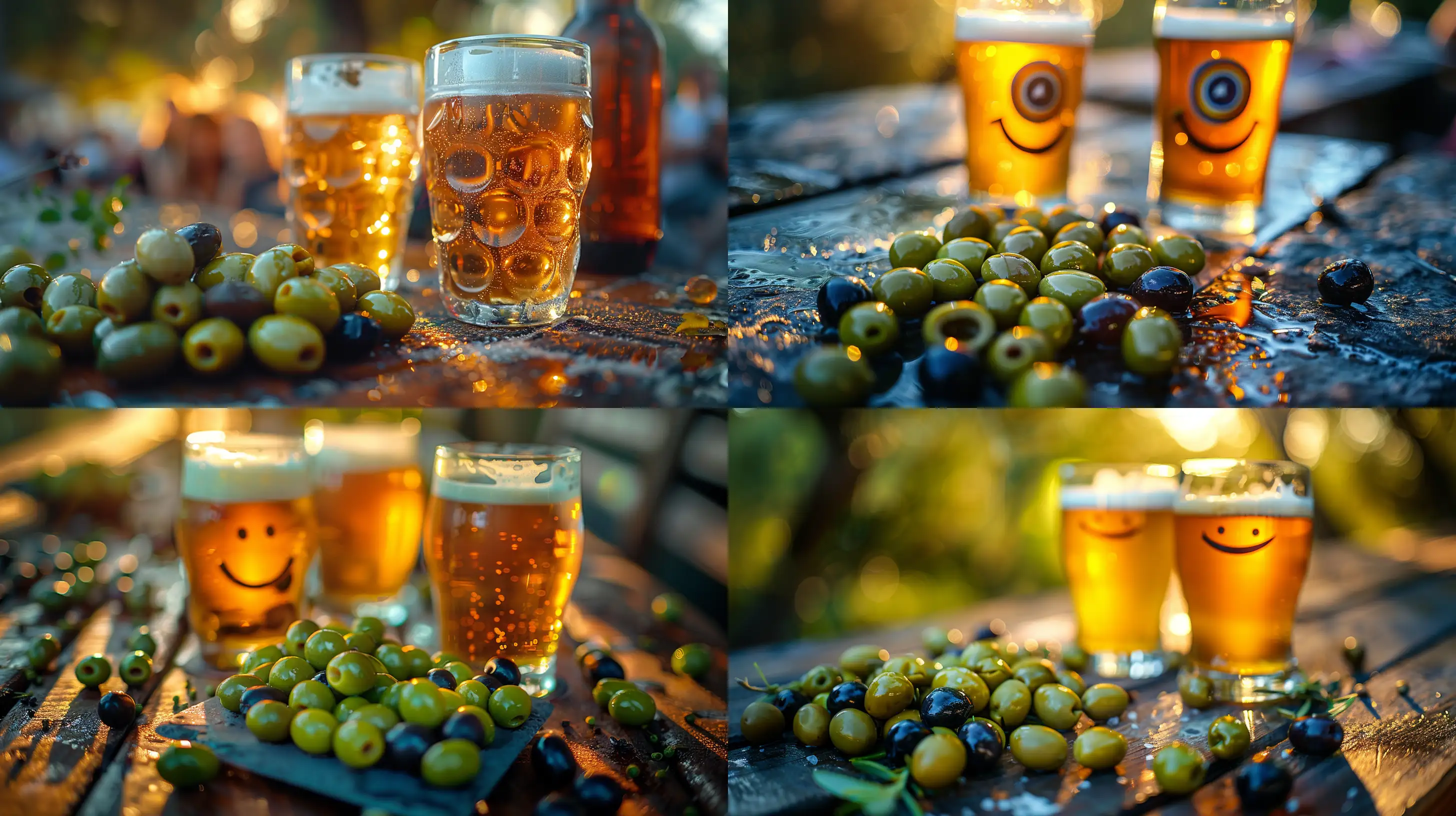 a low angle image of an aperitif on a summer terrace, the aperitif is composed of green and black olives, the green olives form a smile, and two beers, with natural light in the golden hour, light from the side, food photography, gourmet, photo taken with a Leica q3, f2. 8 35mm lens --s 400 --style raw --ar 16:9
