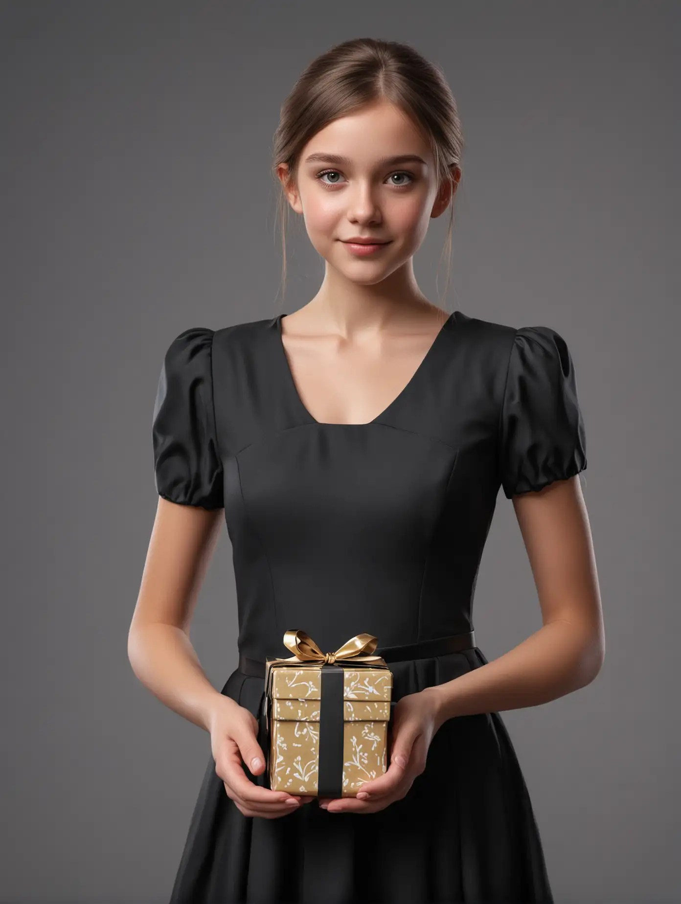 Elegant Girl in Black Formal Dress Holding a Gift