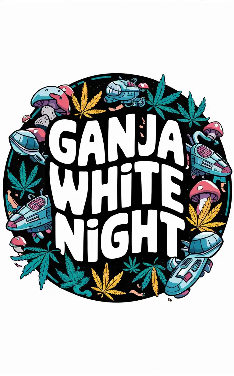 the words "Ganja White Night" with weed leaves, space ships and mushrooms. surrounded by a circle. cartoonish

