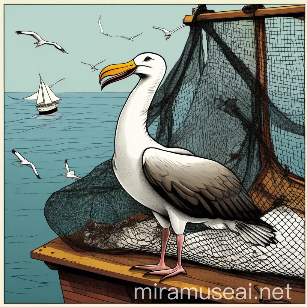 albatros na palubi,  ptica dugih krila, posramljen, bijel, slomljenog krila, mlitav. Uhvatili ga mornari i drže ga u mreži