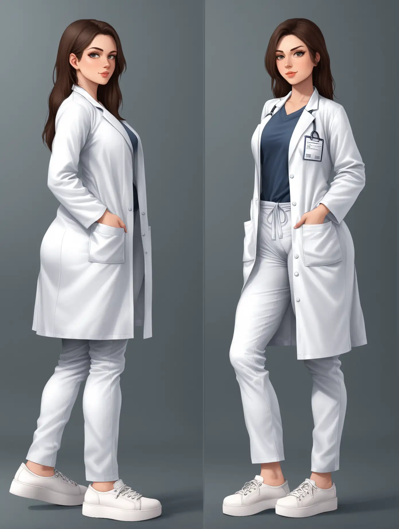 Sensual picture of a hot girl, age 25, lab science doctor outfit, big ass, pretty face, feet size small, wearing lab coat, pants, wearing Sonoma label white platform sneakers, 2 poses