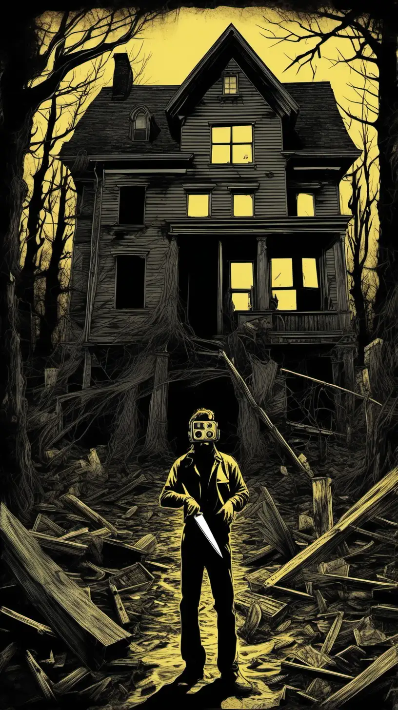 Generate an image reminiscent of vintage horror movie posters. It should portray a young man with a beard, holding a camera, and wearing a GoPro on his head. He is seen live-streaming his exploration of an eerie, abandoned old house. The atmosphere should evoke a demonic horror vibe in the style of giallo films, with a giant butcher knife ominously positioned across the screen.