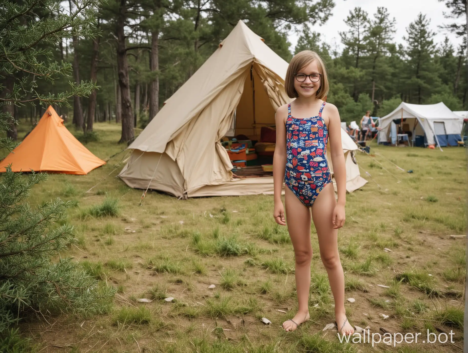 12-year-old girl with a bob, wearing glasses, swimsuit, full height, juniper, oak, tent, people in the distance, smile
