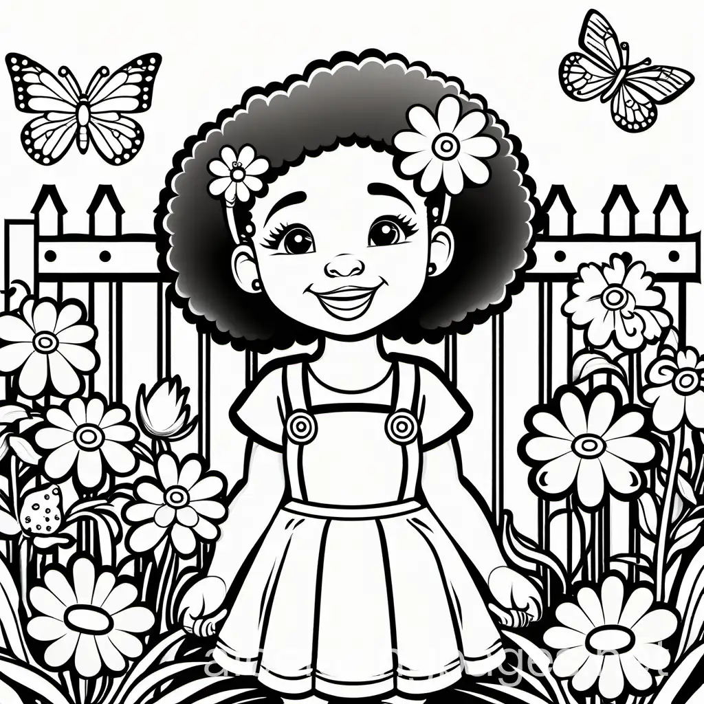 African American character toddler girl happy smiling curly pigtails smelling flowers that are growing on a garden gate add large flowers add butterflies all around coloring page, Coloring Page, black and white, line art, white background, Simplicity, Ample White Space. The background of the coloring page is plain white to make it easy for young children to color within the lines. The outlines of all the subjects are easy to distinguish, making it simple for kids to color without too much difficulty