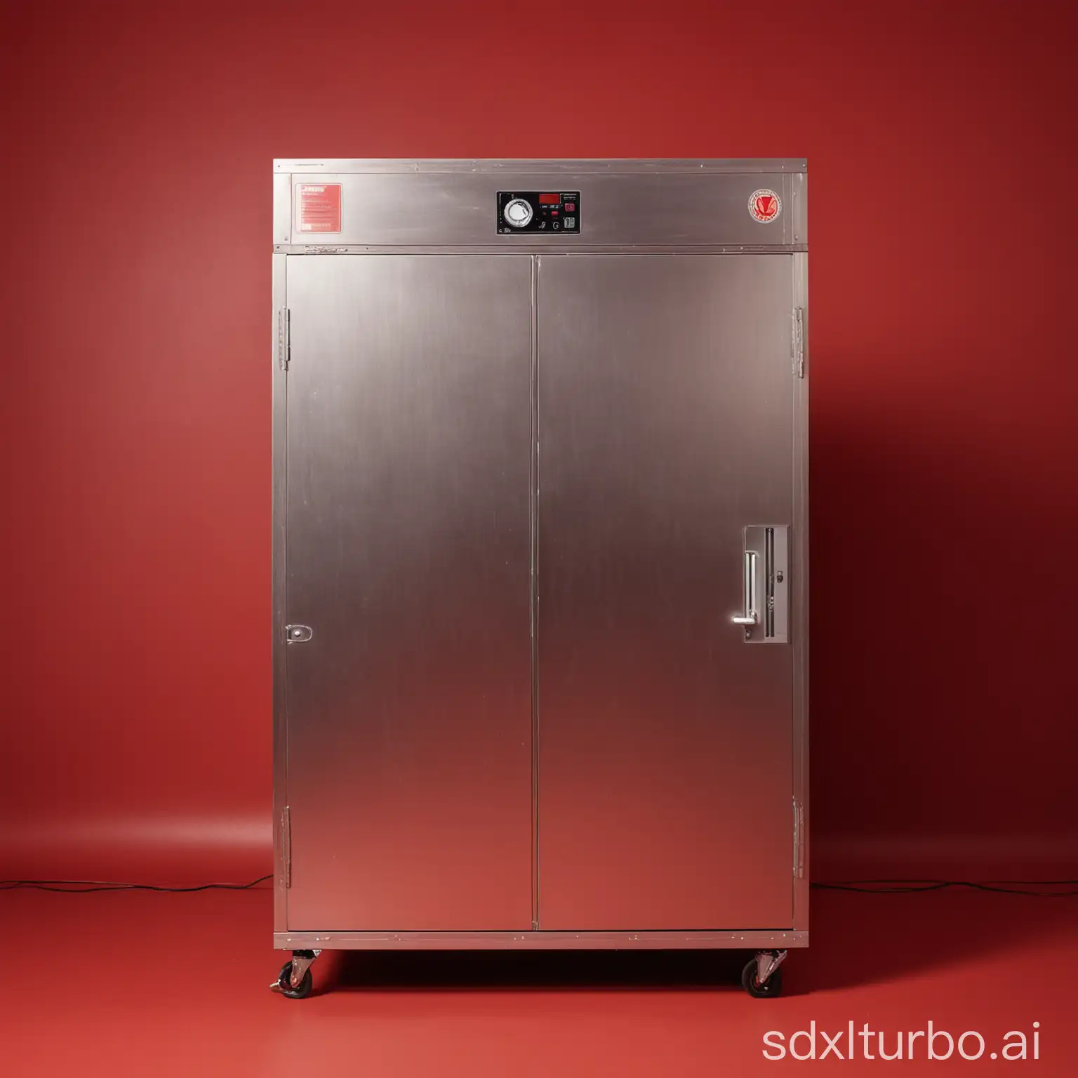 Large industrial-size closet-like sterilizer in front of a red background
