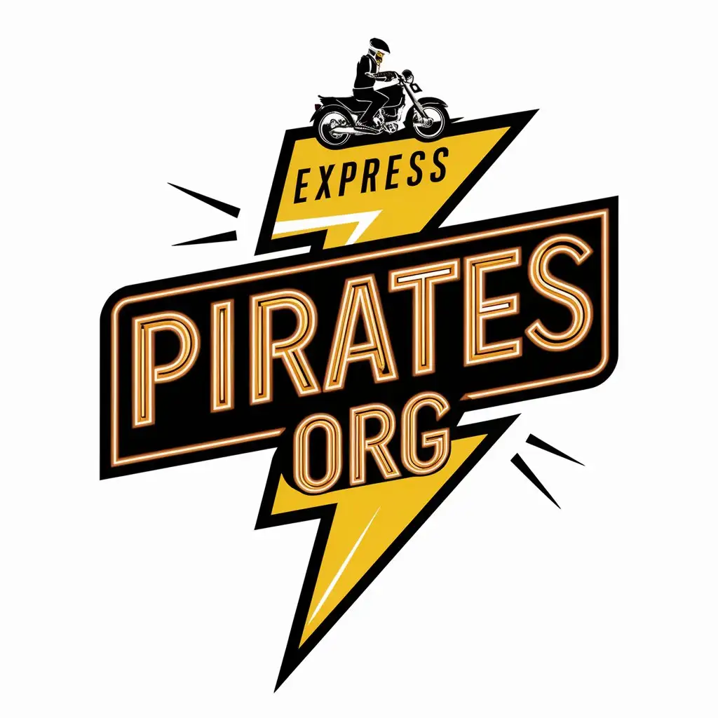 Яркий Логотип для онлайн сервиса быстрых покупок по продаже марихуаны, с неоновой надписью PIRATES ORG, жёлтая молния и над ней надпись express с иконкой курьера на мотоцикле
