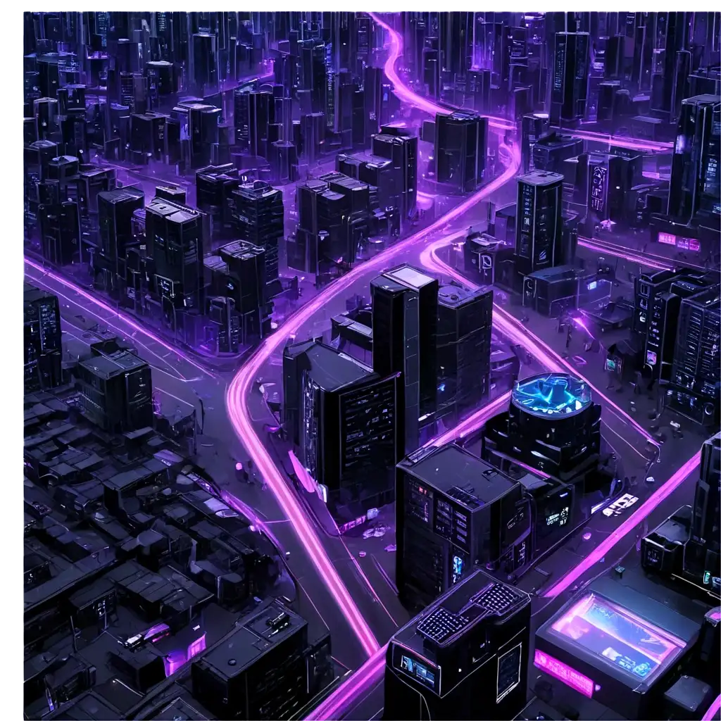 Futuristic-Cyberpunk-City-Anime-Map-in-PNG-Format-Black-and-Purple-Isometric-Design