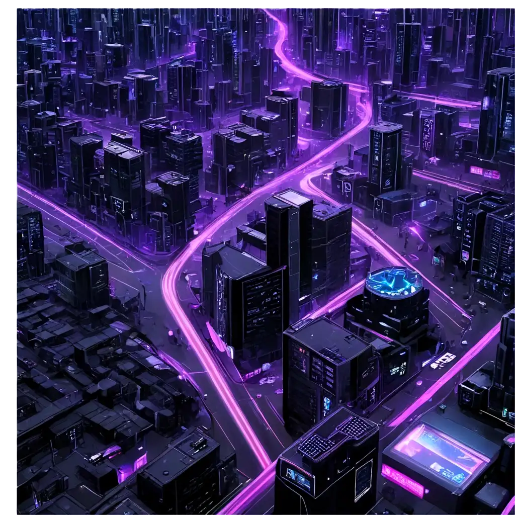 IOSMETRIC FUTURISTIC  CITY  BLACK AND PURPLE CYBERPUNK MAP STYLE ANIME
