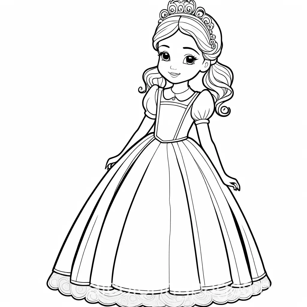 little girl maid of honour princess, Coloring Page, black and white, line art, white background, Simplicity, Ample White Space. The background of the coloring page is plain white to make it easy for young children to color within the lines. The outlines of all the subjects are easy to distinguish, making it simple for kids to color without too much difficulty