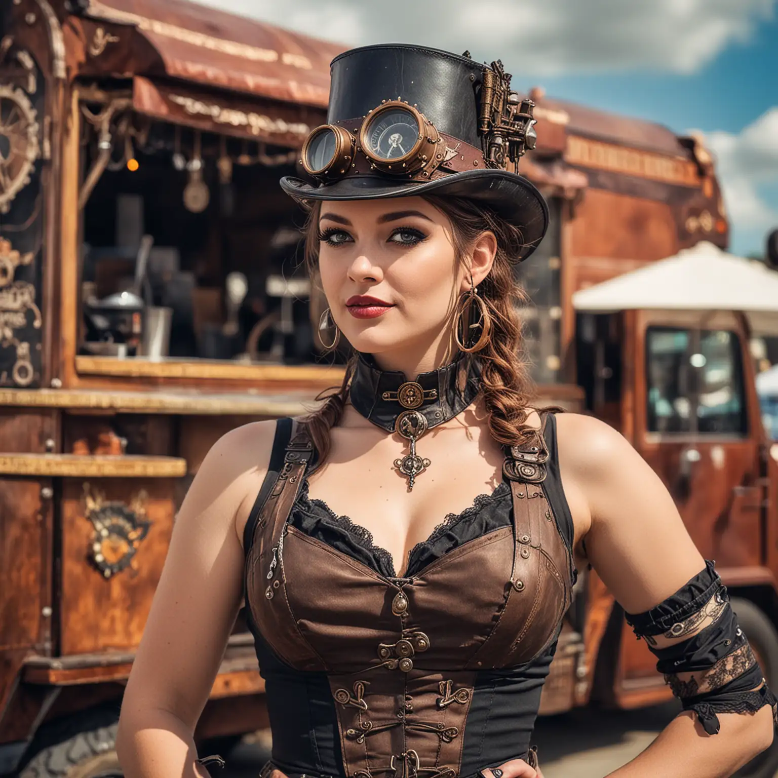 beautiful steampunk woman at a food truck rally in the fairgrounds.