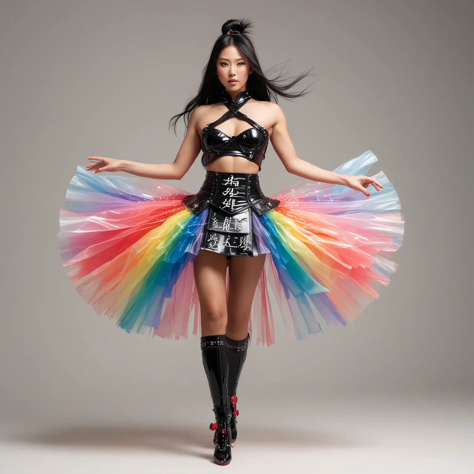 Standing front view, Beautiful toned athletic muscular figure female Japanese supermodel with large breasts, long black hair, giant puffy rainbow ballerina tutu, in sleeveless black plastic futuristic samurai-knight armor with white Chinese writing, exposed midriff, abs, red high-heels, white background