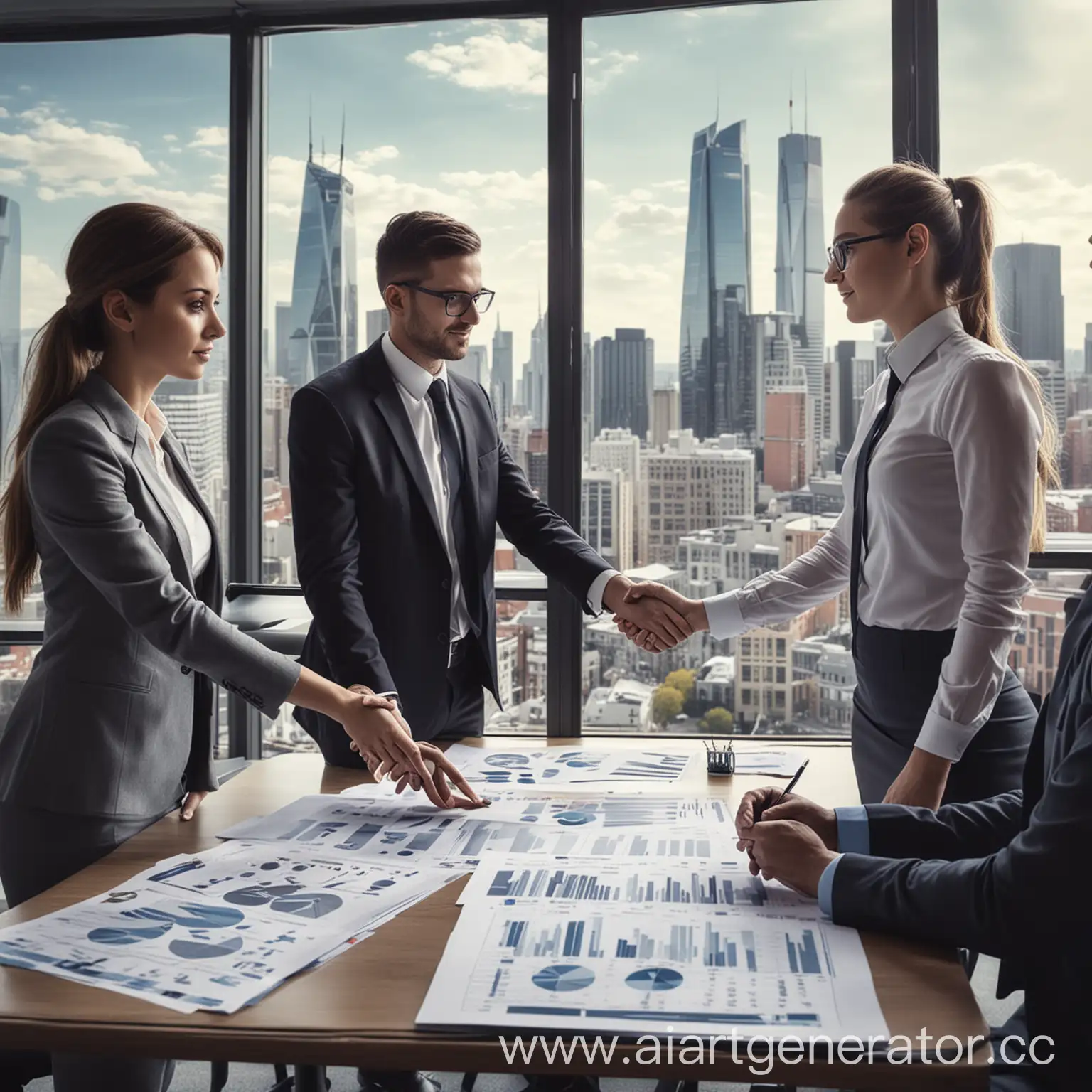 Professionals-Discussing-Project-in-Modern-Office-with-Graphs-and-Handshake