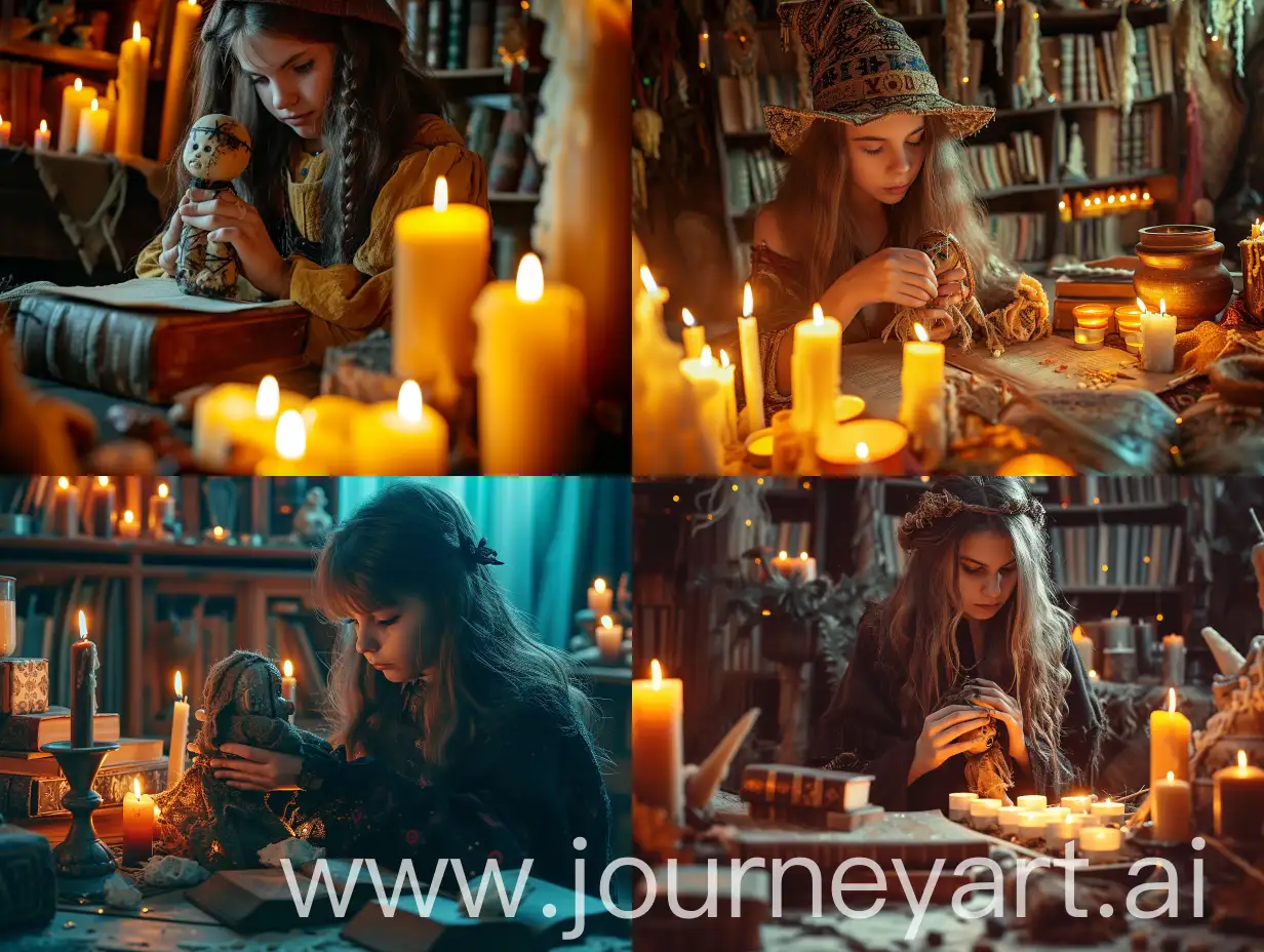 Mysterious-Witch-Casting-Spell-with-Voodoo-Doll-Surrounded-by-Candles-and-Ancient-Books