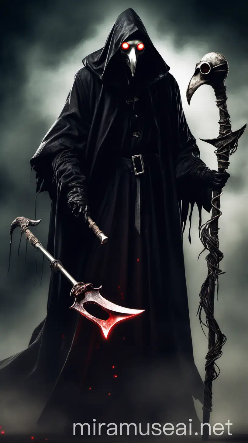 The Twisted Reaper. He wears a black cloak. He has a hood over his head. He wears a plague doctor mask that has glowing red eyes. He holds a scythe with a twisted blade