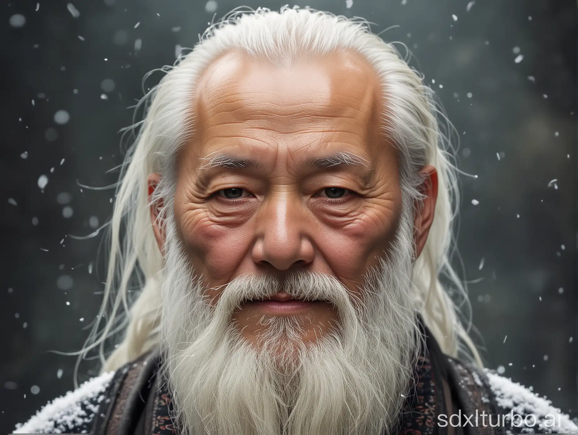 White-bearded Immortal, the Immortal of the Way，An old Chinese man, with snow-white eyebrows and beard, looked wise and amiable, PortraitUpper body portrait，The head of the character and the border of the picture should be far apart，as if he were a legendary immortal.ooking at the camera, captured through a 50mm camera lens, ultra fine photography, realistic, portrait, lifelike，