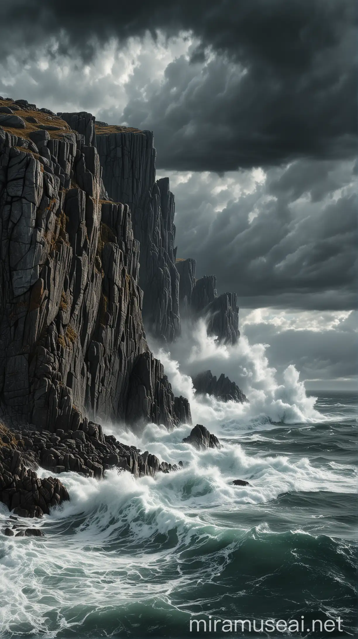 Dramatic Nordic Cliffs Stormy Seascape with Crashing Waves