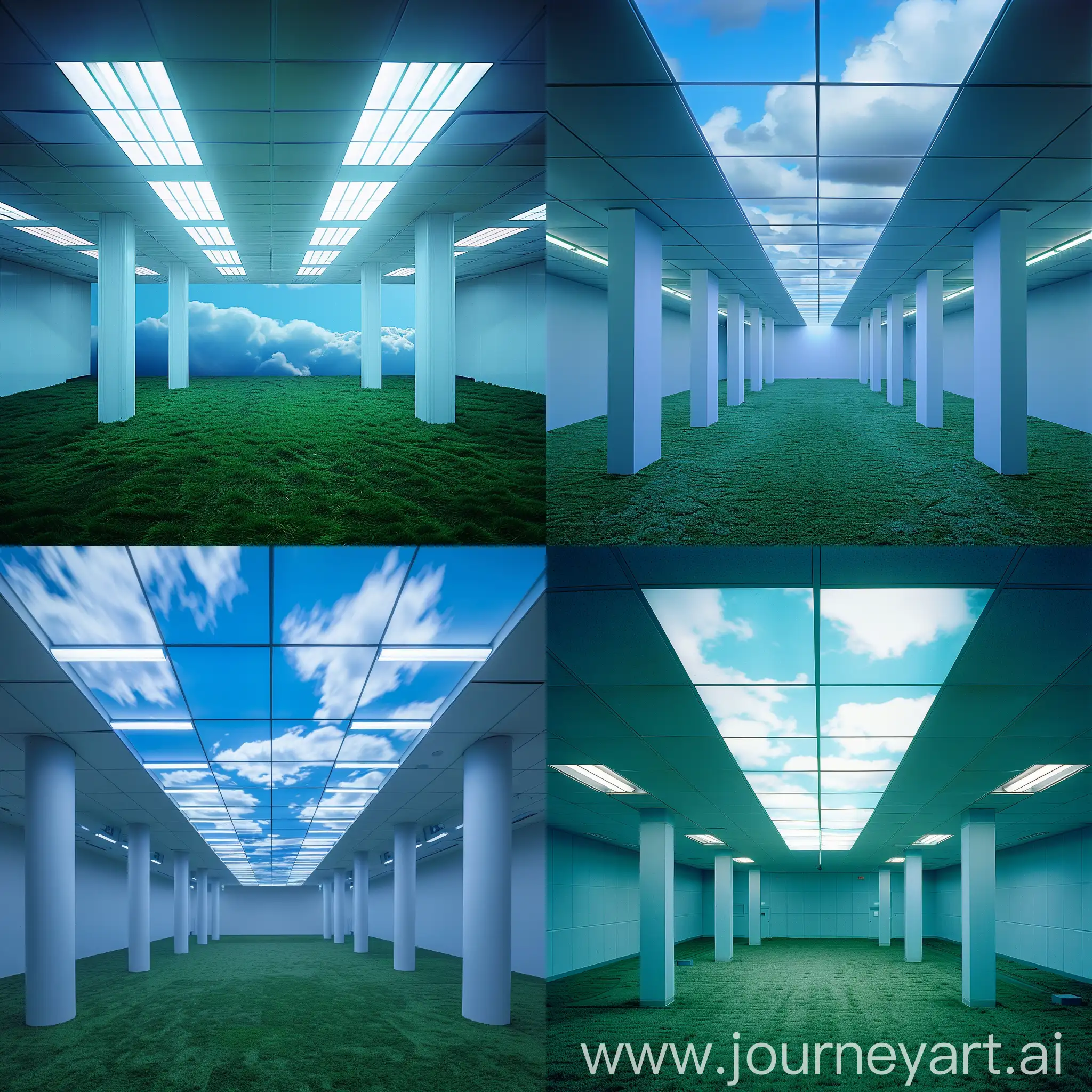 Liminal-Airport-Lounge-with-Grass-Floor-and-Pillars-under-Blue-Sky-and-Clouds