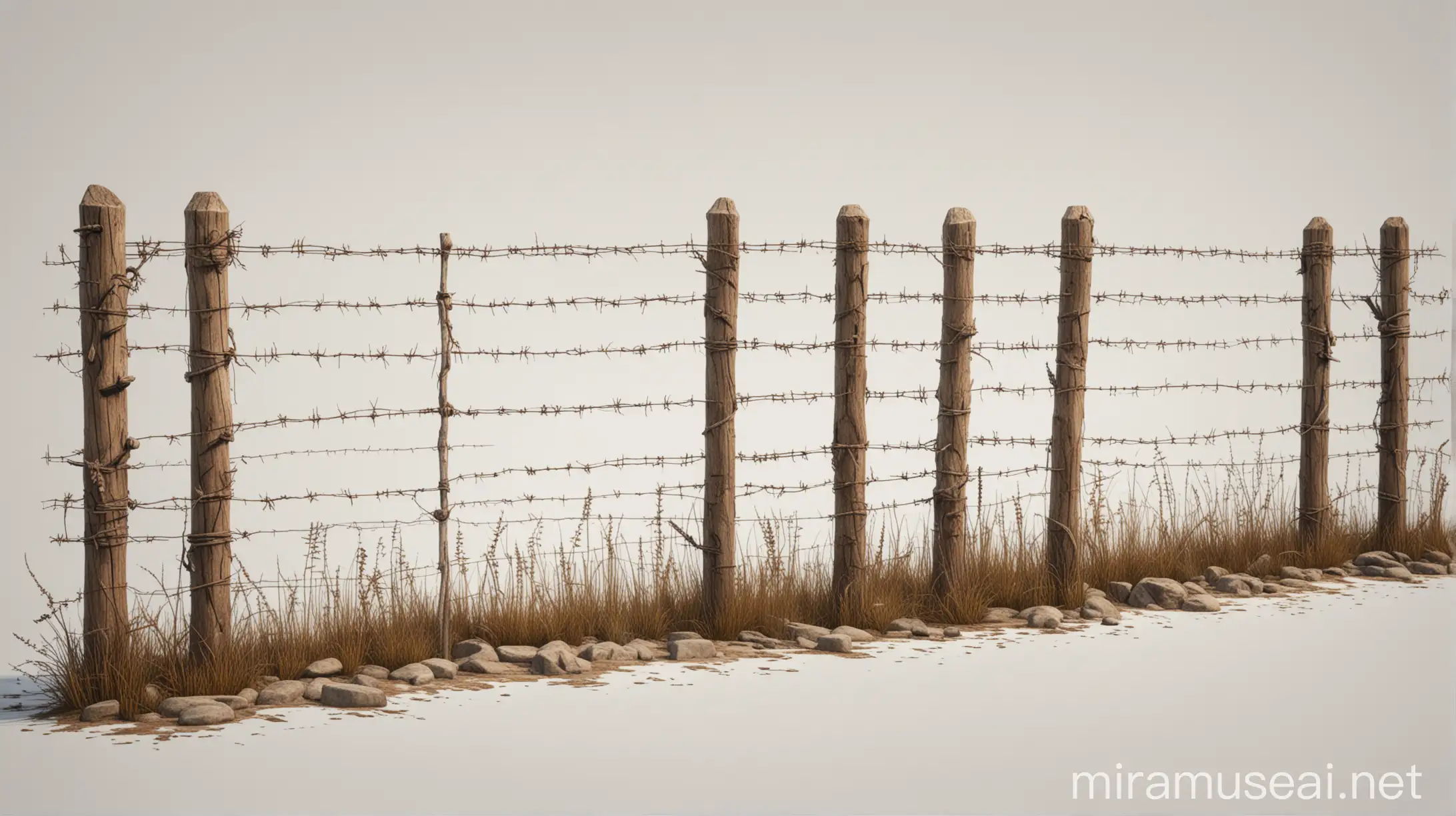 Realistic Barbed Wire Fence with Rounded Wooden Posts