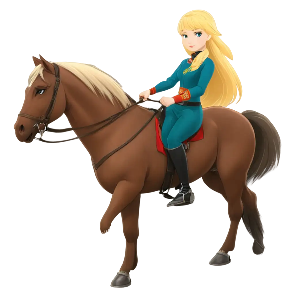  a young blonde russian animated girl riding a hourse