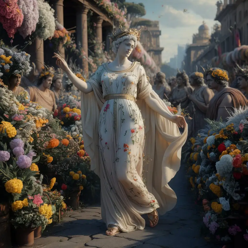 A realistic beautiful picture. Surrounded by the busy festival of Floralia in Ancient Rome, the beautiful goddess Flora is undeniably the center of attention. Surrounded by beautiful lush, diverse flowers that bloom in her presence, she clearly stands out for her divine aura. Her character, dressed in robes decorated with delicate floral motifs, exudes grace and natural elegance, attracting the eyes of both people and gods. In the background stretches the panorama of ancient Rome, where the life of the city is steeped in the atmosphere of the holiday. The goddess Flora, although one of many characters on the stage, dominates with every gesture and look, being a living symbol of spring and rebirth. Her presence not only attracts attention, but also makes the whole holiday seem to be a celebration of herself - a goddess who is not only the guardian of flowers, but also a symbol of beauty and harmony of nature.