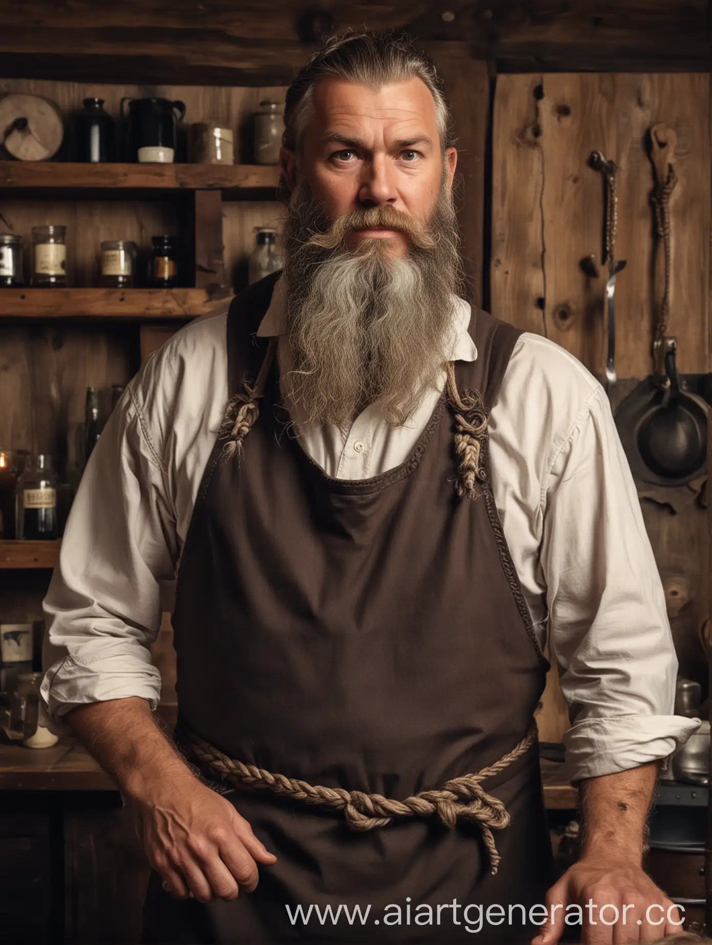 Суровый пожилой хозяин таверны, викинг, с большой бородой, в фартуке и косами в бороде