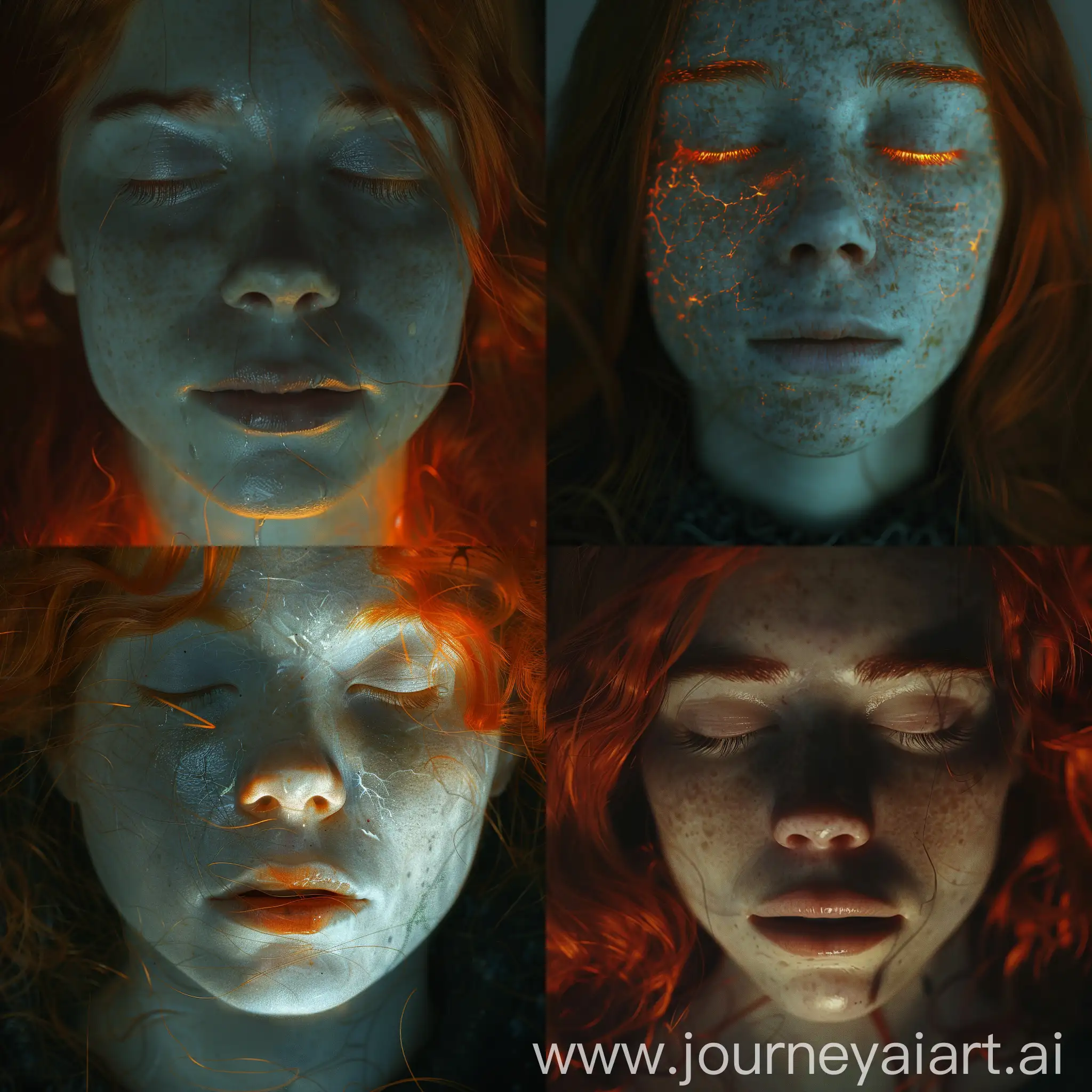 Epic-Realistic-Cinematic-Horror-RedHaired-Figure-with-Drawn-Face-and-Luminescent-Eyes